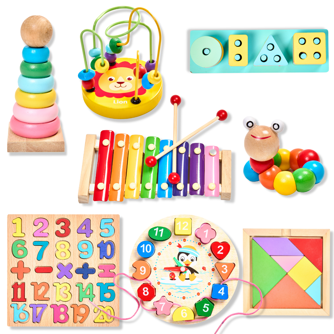 Wooden Educational Toy Set 8 pcs Number Puzzle, Teaching Clock, Geometric Shapes and more. Montessori Toy Gift for 2, 3 years plus