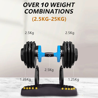 PAIR of ADJUSTABLE DUMBBELLS 2.5 to 25kg Total 50kg Weights Unisex