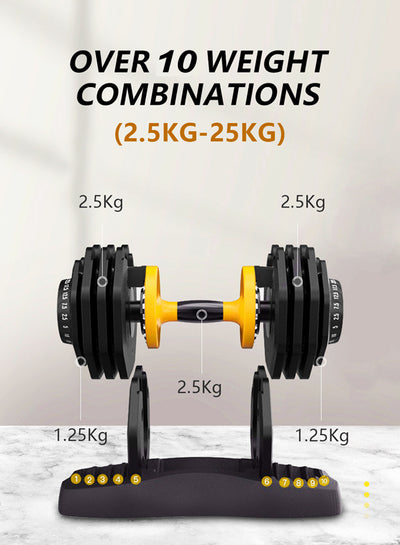 PAIR of ADJUSTABLE DUMBBELLS 2.5 to 25kg Total 50kg Weights Unisex
