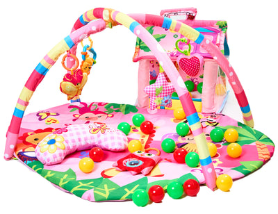 Baby Play Gym Mat 4-in-1 Pink Activity Floor Play Mat Floor with 5 Teething/Hanging Toys, 30 Ocean Balls, Cushion for Tummy Time, New born Boys Girls 0-9+ Months
